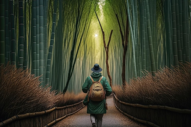 Person walking through bamboo forest with towering trees in the background