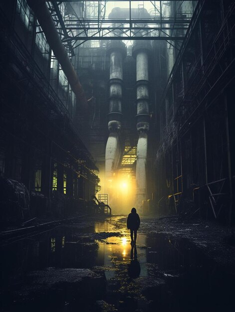 Photo a person walking through a dark industrial area