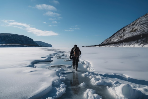 Person walking through frozen fjord with snowshoes and backpack visible