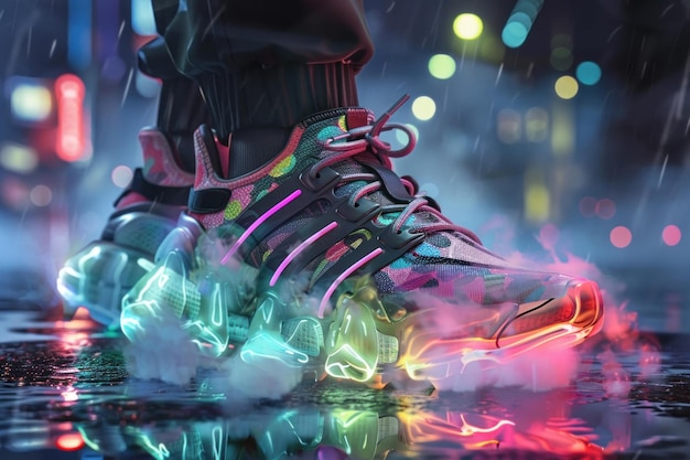 Person walking through futuristic city wearing neon sneakers