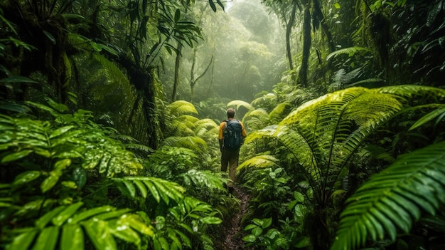 A person walking through a jungle with a backpack on.