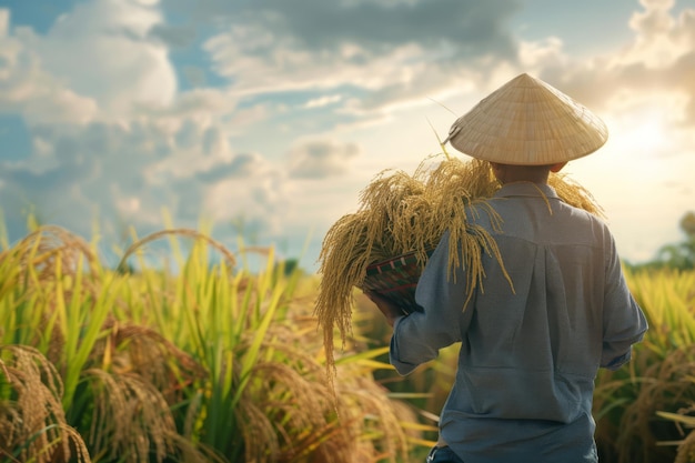 Person Walking Through paddy Field With Hat On