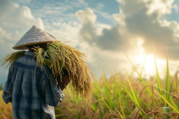 Person Walking Through paddy Field With Hat On