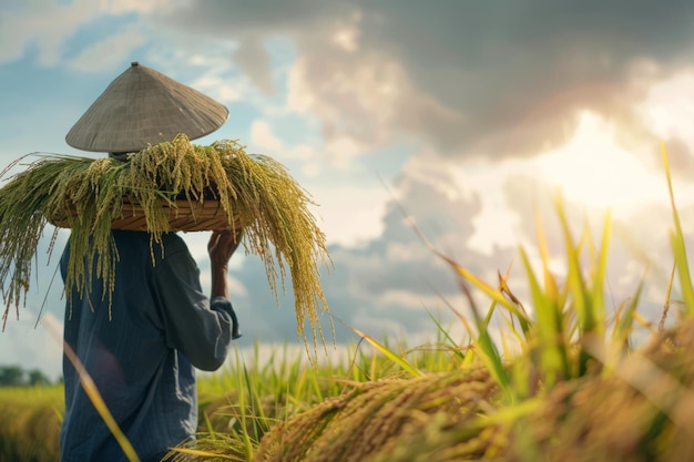 Person Walking Through paddy Field With Hat