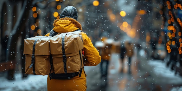 Person Walking Through Snowy City Street