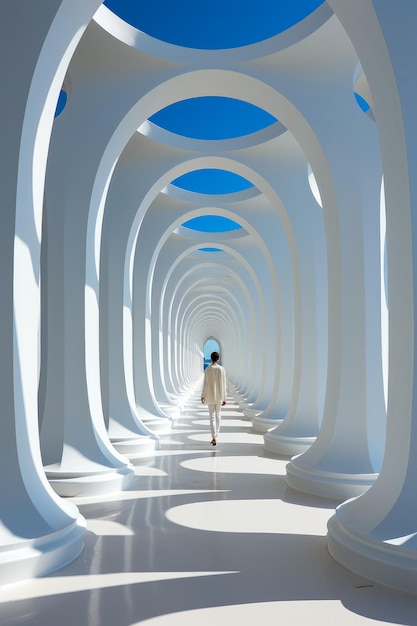 Person walking through tunnel of white arches and arches Generative AI