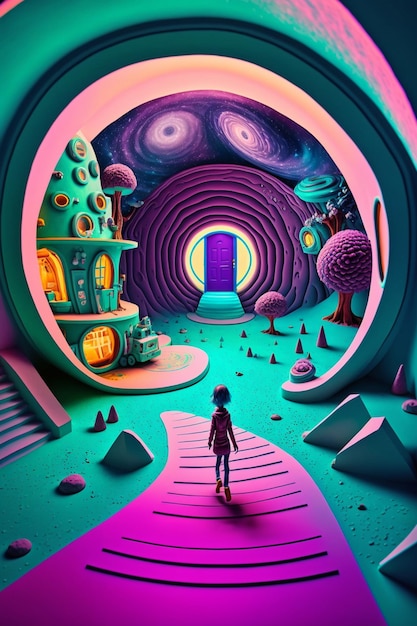 A person walking through tunnel with colorful psychedelic generative ai