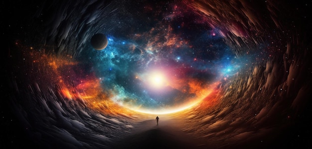 A person walking through a tunnel with a nebula in the background