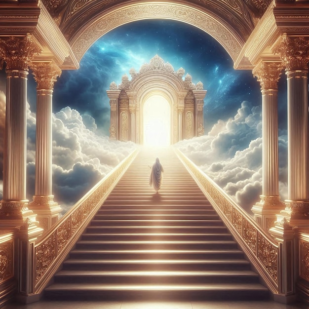 a person walking up a staircase with the sun shining through the clouds