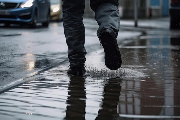 Person walking on wet asphalt in the rain with blurred background of cityscape