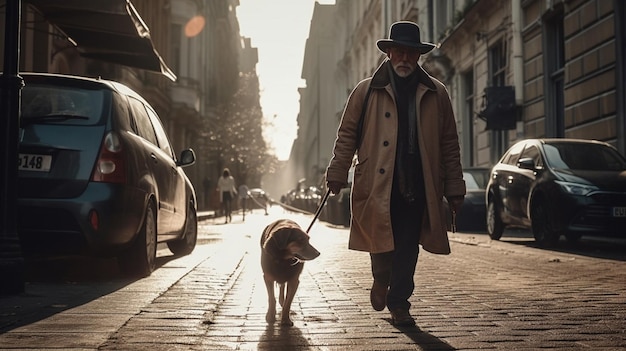 Person walking with her dog on the city street