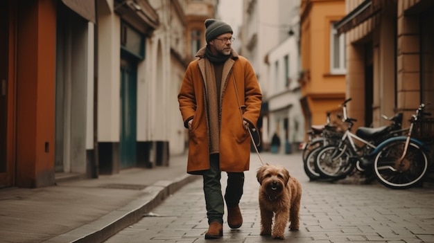 Person walking with her dog on the city street