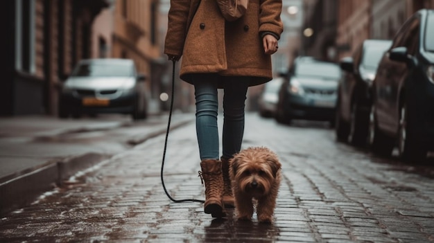 Person walking with her dog on the city street