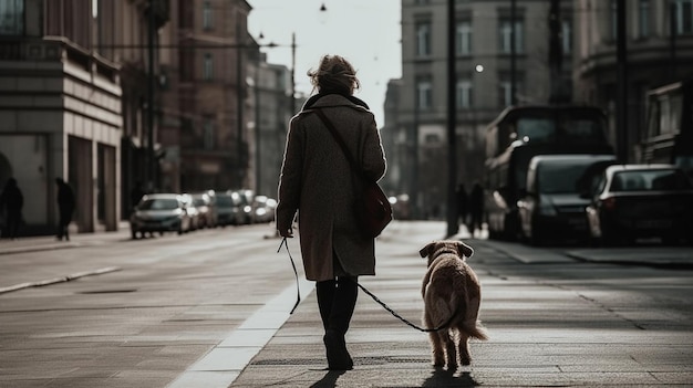 Person walking with her dog on the city street