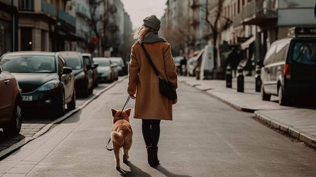 Person walking with her dog on the city street