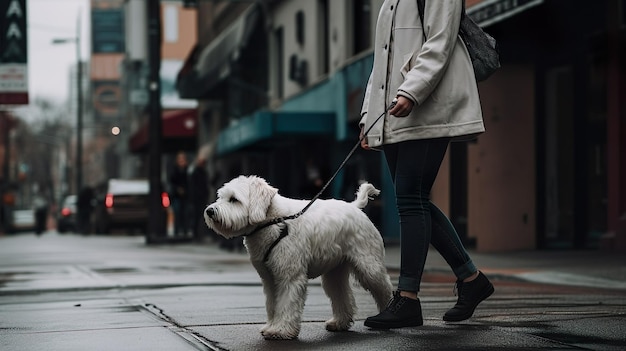 Person walking with her dog on the city street