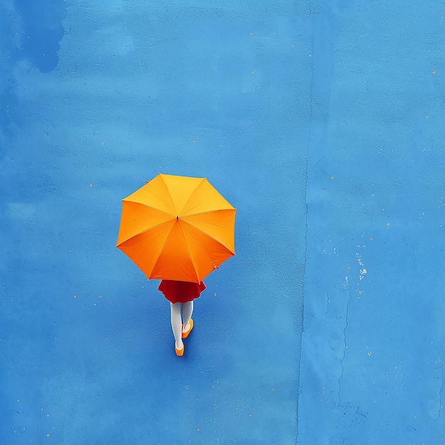 Photo a person walking with an umbrella top view against a blue background with colorful colors in the st