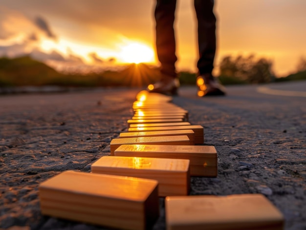 Photo a person walks along the beach at sunset near wooden blocks arranged in the sand