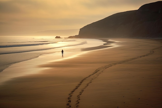 A person walks along a beach at sunset with the sun setting behind them