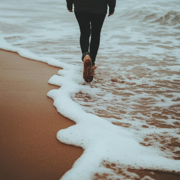 Photo a person walks along the shoreline of a beach with the waves crashing behind them