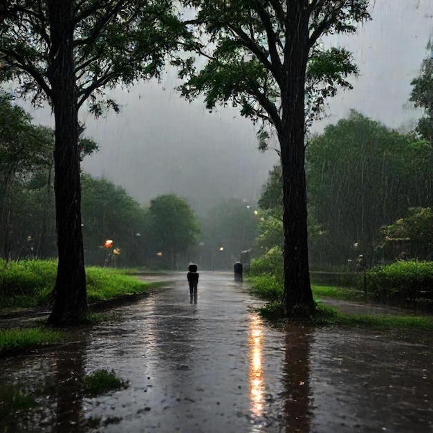 Photo a person walks down a flooded road in the rain