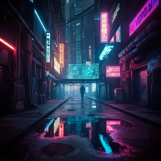 Photo a person walks down a wet street with neon signs on the walls