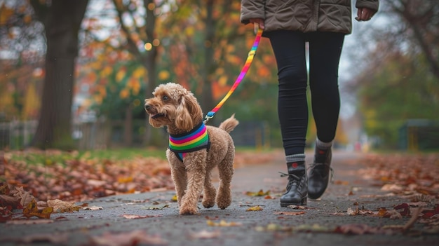 A person walks their dog in a park the leash adorned with a rainbow collar