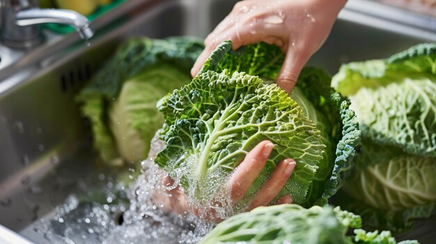 Photo a person washing broccoli with water being poured into a sink