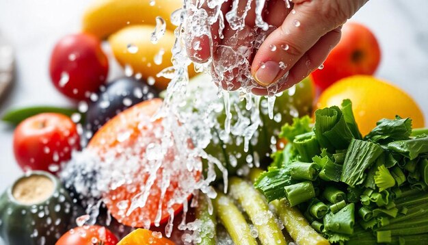 Photo a person washing a fruit salad with water dripping from their fingers