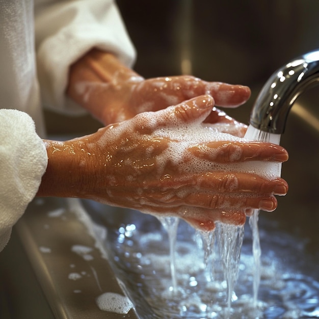 A person washing their hands thoroughly with soap and water for illness prevention