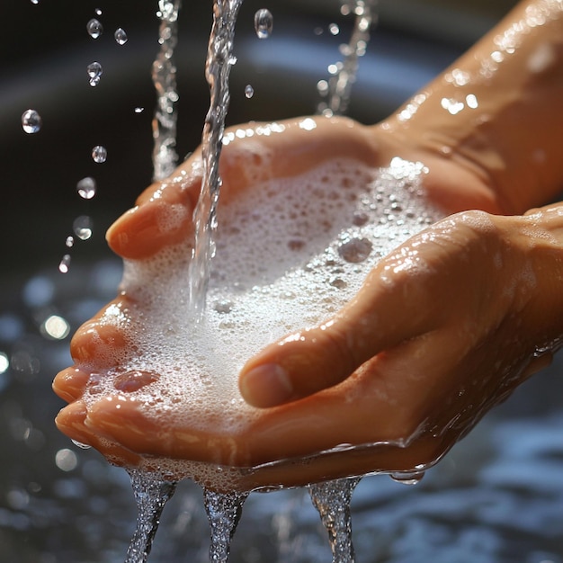 A person washing their hands with soap under running water with bubbles forming