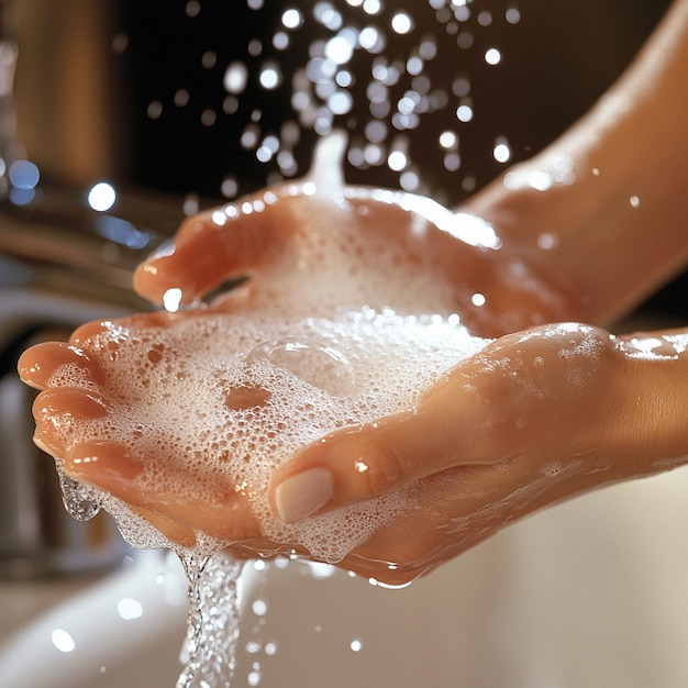 A person washing their hands with soap under running water with bubbles forming