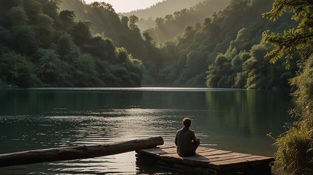 Person watching wildlife in a serene scene