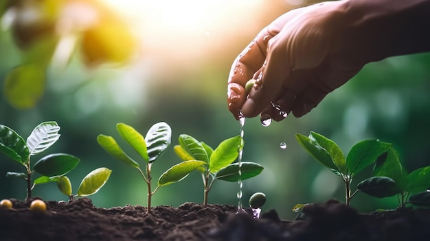 A person watering a plant with the word tree on the left