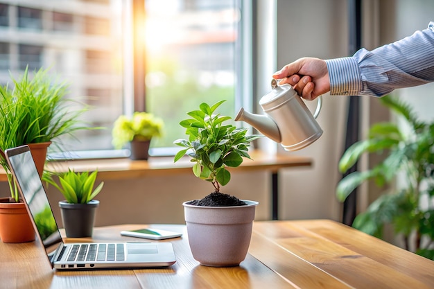 Person watering a small green plant in a pot in home office room only show the hand