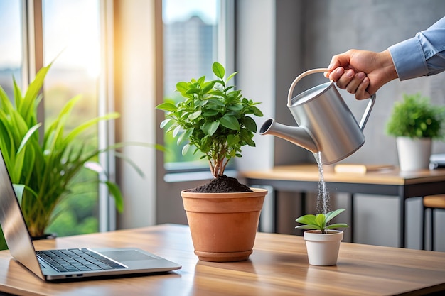 Person watering a small green plant in a pot in home office room only show the hand