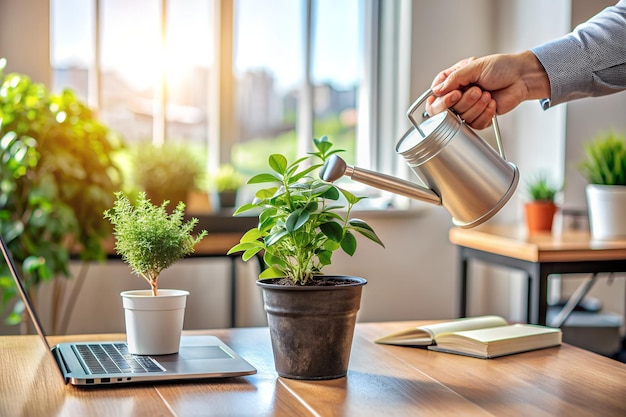 Person watering a small green plant in a pot in home office room only show the hand