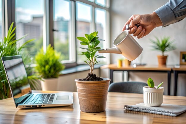 Person watering a small green plant in a pot in home office room only show the hand