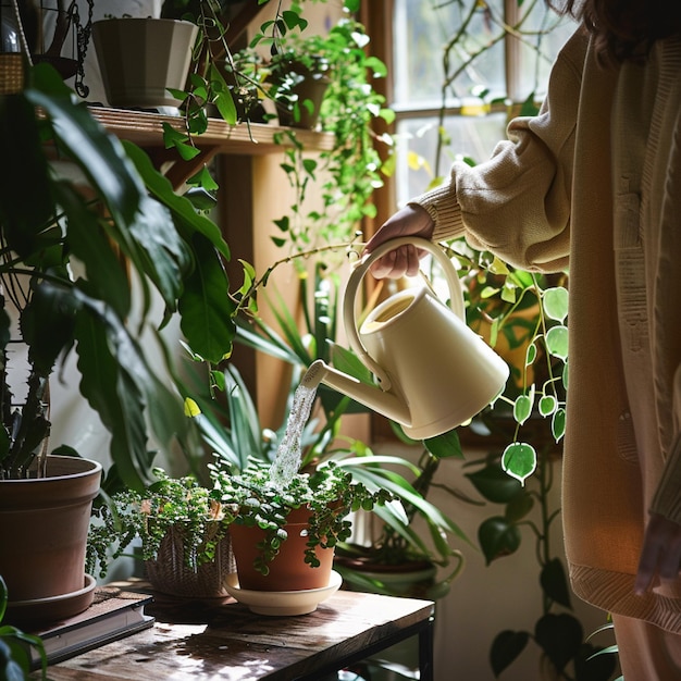 Photo a person watering their indoor plants as part of their morning routine