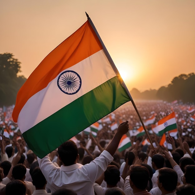 A person waving an Indian flag in a large crowd during a sunset