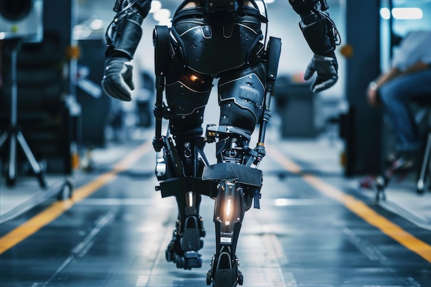 A Person Wearing an Advanced Exoskeleton Walks Through a Modern Industrial Facility