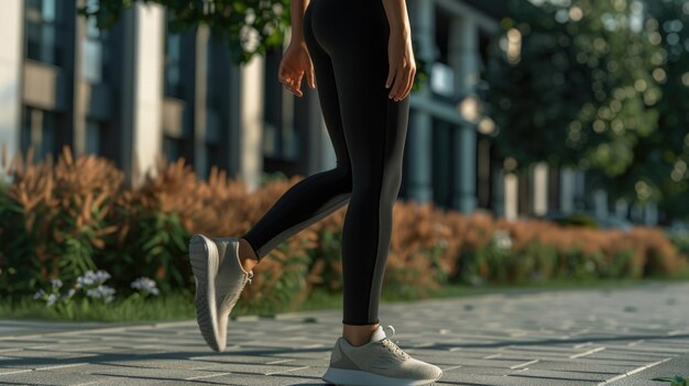 A person wearing black leggings walks down the sidewalk