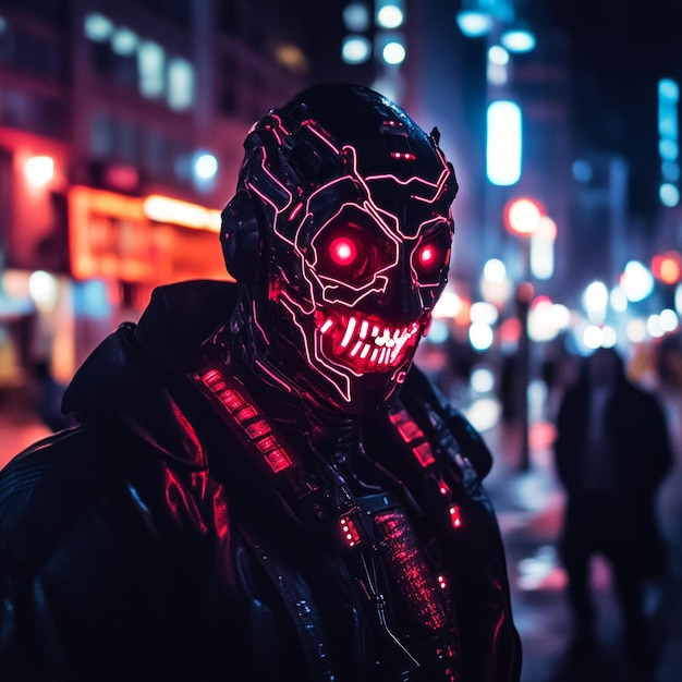 Photo a person wearing a black and red glowing skull mask stands in a city street at night