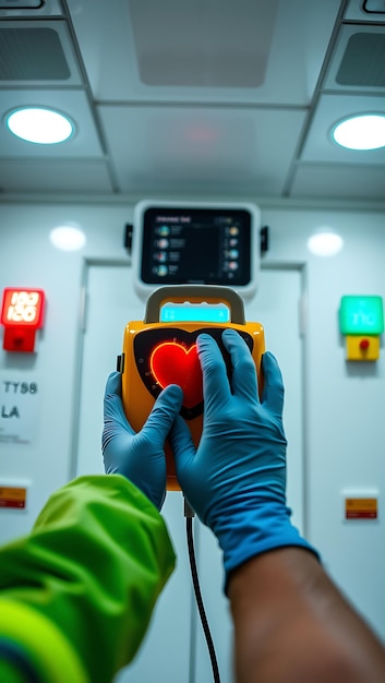 a person wearing blue gloves is using a device that says  la la la la la la la la la la la la la la la