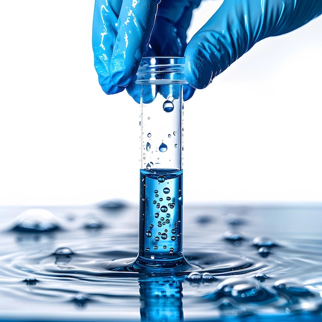 Photo a person wearing blue gloves stands in water collecting samples with a test tube for testing