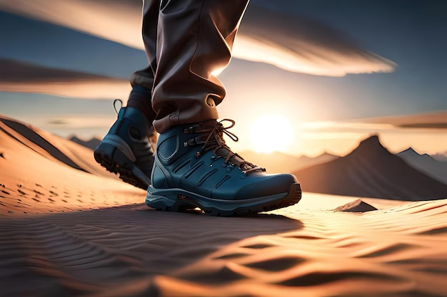 A person wearing a boot stands on a rock with the sun setting behind them.