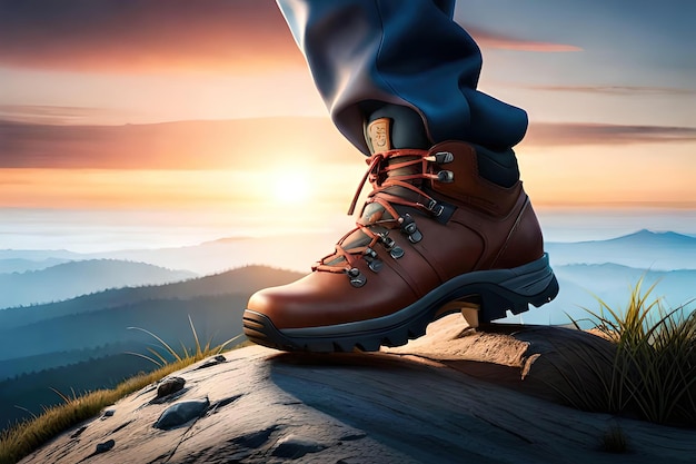 A person wearing a boot stands on a rock with the sun setting behind them.