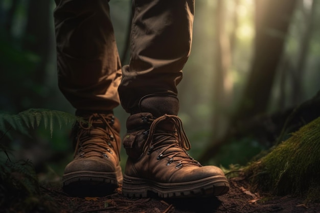 A person wearing brown boots stands in a dark forest.