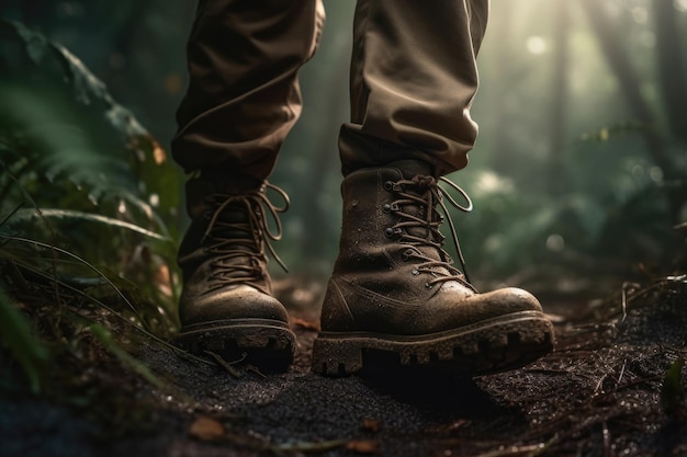 A person wearing brown boots stands on a rock in a forest.