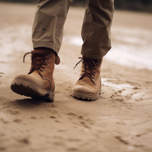 A person wearing brown boots stands in the sand with the word winter on it.